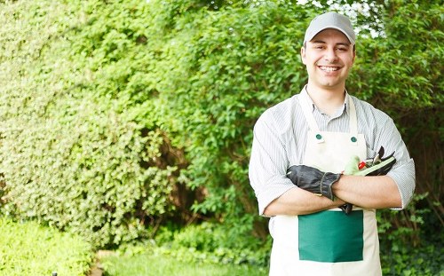 Landscaping crew wearing PPE during garden maintenance